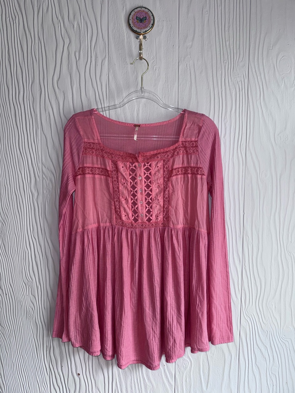 FREE PEOPLE Pretty Please Tunic Sz: S Lace-Trim Pink Long-Sleeve Peasant Top - Picture 2 of 8